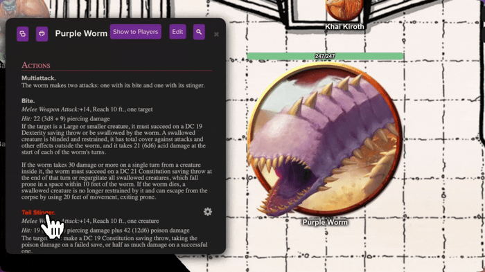 Gif displaying D&D assets and a Purple Worm  character sheet displayed on the Roll20 virtual tabletop